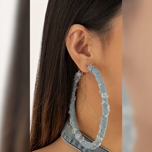 Bold Denim Hoop Earrings Light Wash Blue 3.5” Drop - Picture 5 of 8